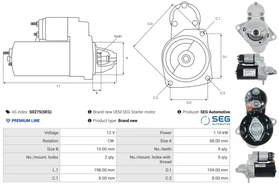 Starter 12 V 1,1 kW AS-PL S0275(SEG) Bild Starter 12 V 1,1 kW AS-PL S0275(SEG)