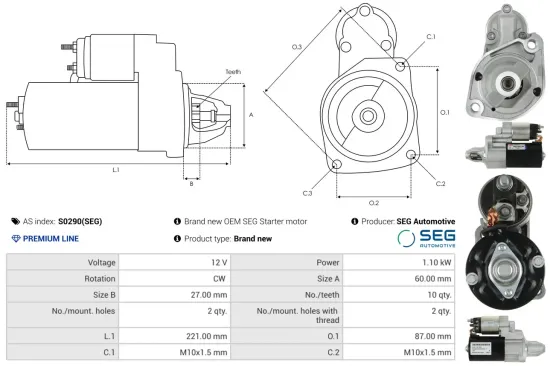 Starter 12 V 1,1 kW AS-PL S0290(SEG) Bild Starter 12 V 1,1 kW AS-PL S0290(SEG)