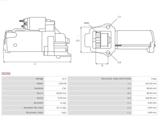 Starter 12 V 2 kW AS-PL S0292 Bild Starter 12 V 2 kW AS-PL S0292