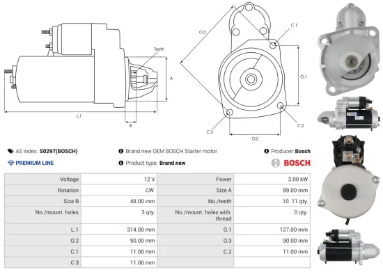 Starter 12 V 3 kW AS-PL S0297(BOSCH) Bild Starter 12 V 3 kW AS-PL S0297(BOSCH)