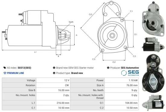 Starter 12 V 1,1 kW AS-PL S0312(SEG) Bild Starter 12 V 1,1 kW AS-PL S0312(SEG)