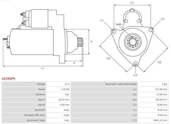 Starter 12 V 1,1 kW AS-PL S0399PR Bild Starter 12 V 1,1 kW AS-PL S0399PR
