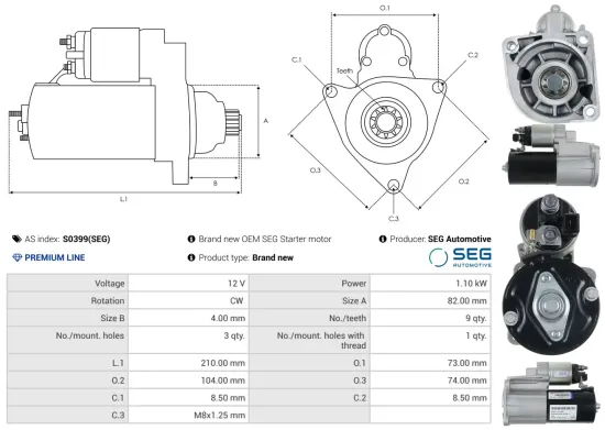 Starter 12 V 1,1 kW AS-PL S0399(SEG) Bild Starter 12 V 1,1 kW AS-PL S0399(SEG)