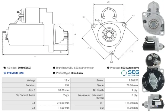 Starter 12 V 1,1 kW AS-PL S0400(SEG) Bild Starter 12 V 1,1 kW AS-PL S0400(SEG)