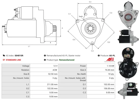 Starter 12 V 1,1 kW AS-PL S0401SR Bild Starter 12 V 1,1 kW AS-PL S0401SR