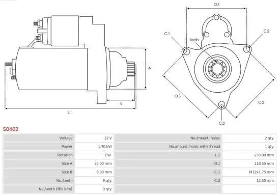 Starter 12 V 1,7 kW AS-PL S0402 Bild Starter 12 V 1,7 kW AS-PL S0402
