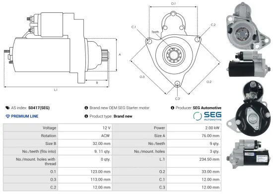 Starter 12 V 2 kW AS-PL S0417(SEG) Bild Starter 12 V 2 kW AS-PL S0417(SEG)