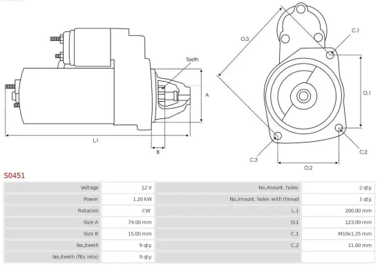 Starter 12 V 1,2 kW AS-PL S0451 Bild Starter 12 V 1,2 kW AS-PL S0451