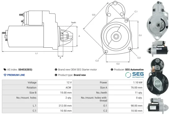 Starter 12 V 1,1 kW AS-PL S0453(SEG) Bild Starter 12 V 1,1 kW AS-PL S0453(SEG)