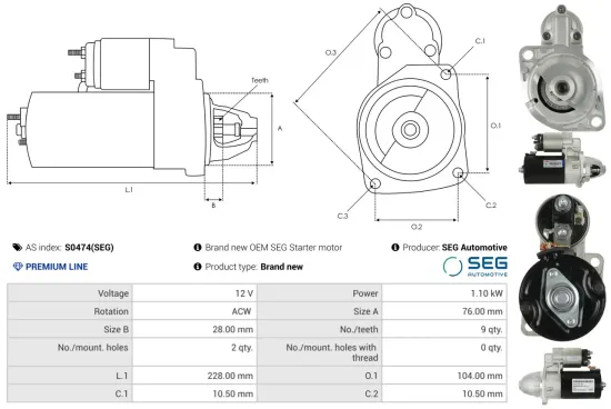 Starter 12 V 1,1 kW AS-PL S0474(SEG) Bild Starter 12 V 1,1 kW AS-PL S0474(SEG)