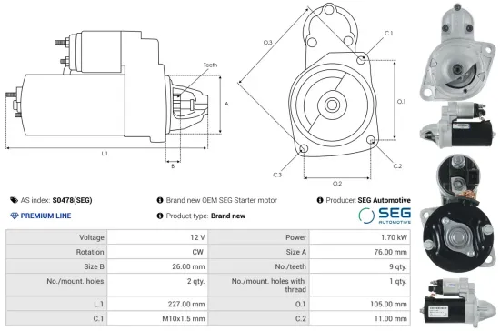 Starter 12 V 1,7 kW AS-PL S0478(SEG) Bild Starter 12 V 1,7 kW AS-PL S0478(SEG)