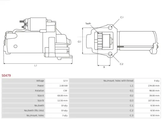 Starter 12 V 2 kW AS-PL S0479 Bild Starter 12 V 2 kW AS-PL S0479