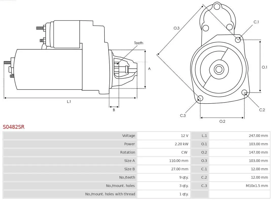 Starter 12 V 2,2 kW AS-PL S0482SR Bild Starter 12 V 2,2 kW AS-PL S0482SR