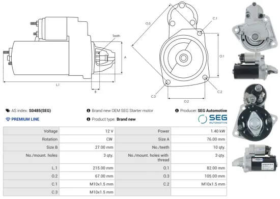 Starter 12 V 1,4 kW AS-PL S0485(SEG) Bild Starter 12 V 1,4 kW AS-PL S0485(SEG)