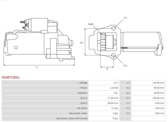 Starter 12 V 2,2 kW AS-PL S0487(SEG) Bild Starter 12 V 2,2 kW AS-PL S0487(SEG)