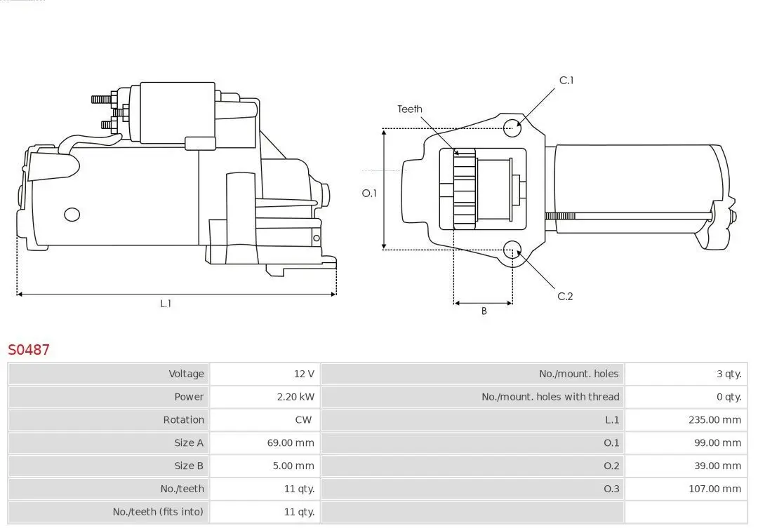 Starter 12 V 2,2 kW AS-PL S0487 Bild Starter 12 V 2,2 kW AS-PL S0487