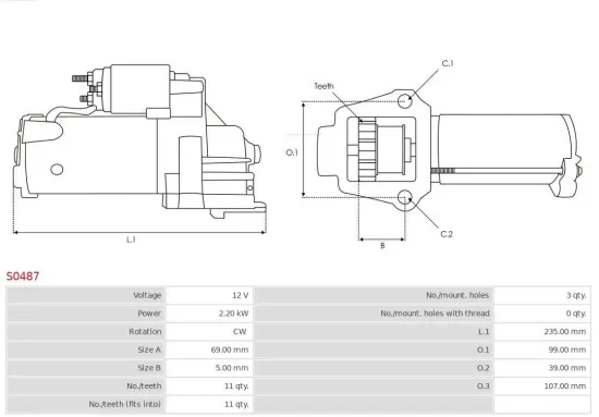 Starter 12 V 2,2 kW AS-PL S0487 Bild Starter 12 V 2,2 kW AS-PL S0487