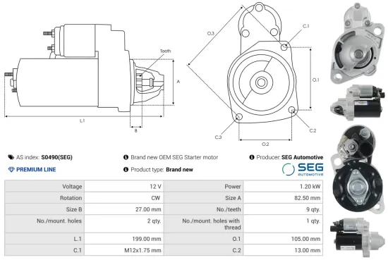 Starter 12 V 1,2 kW AS-PL S0490(SEG) Bild Starter 12 V 1,2 kW AS-PL S0490(SEG)