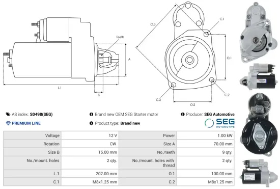 Starter 12 V 1 kW AS-PL S0498(SEG) Bild Starter 12 V 1 kW AS-PL S0498(SEG)