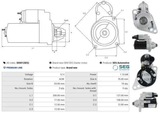 Starter 12 V 1,1 kW AS-PL S0501(SEG) Bild Starter 12 V 1,1 kW AS-PL S0501(SEG)