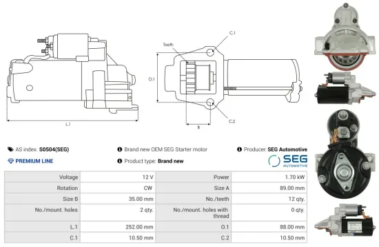 Starter 12 V 1,7 kW AS-PL S0504(SEG) Bild Starter 12 V 1,7 kW AS-PL S0504(SEG)