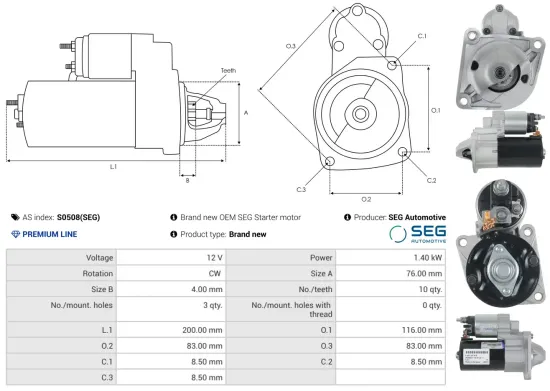 Starter 12 V 1,4 kW AS-PL S0508(SEG) Bild Starter 12 V 1,4 kW AS-PL S0508(SEG)