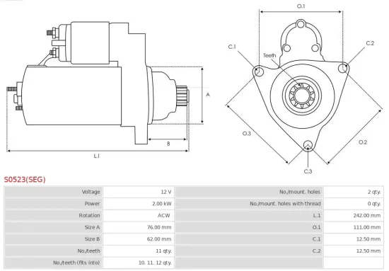 Starter 12 V 2 kW AS-PL S0523(SEG) Bild Starter 12 V 2 kW AS-PL S0523(SEG)