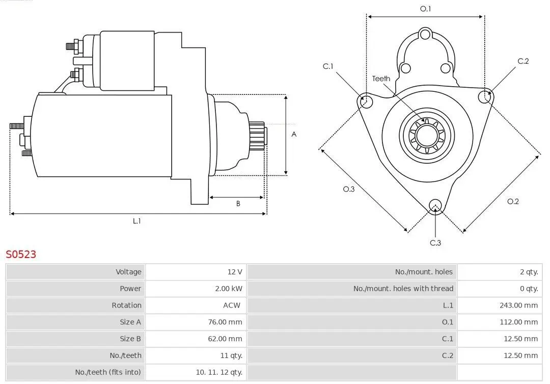 Starter 12 V 2 kW AS-PL S0523 Bild Starter 12 V 2 kW AS-PL S0523