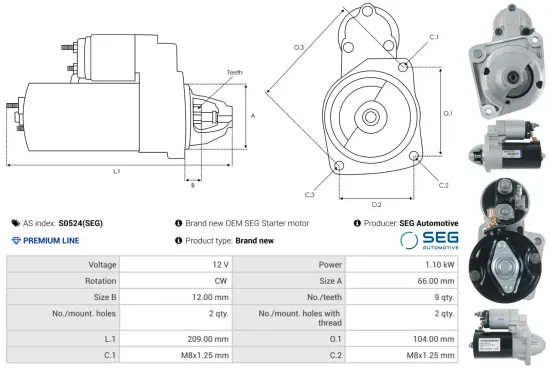 Starter 12 V 1,1 kW AS-PL S0524(SEG) Bild Starter 12 V 1,1 kW AS-PL S0524(SEG)