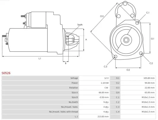 Starter 12 V 1,1 kW AS-PL S0526 Bild Starter 12 V 1,1 kW AS-PL S0526