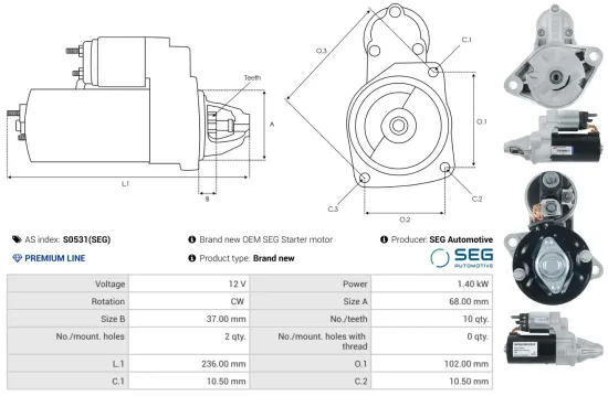 Starter 12 V 1,4 kW AS-PL S0531(SEG) Bild Starter 12 V 1,4 kW AS-PL S0531(SEG)