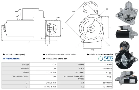 Starter 12 V 1,7 kW AS-PL S0555(SEG) Bild Starter 12 V 1,7 kW AS-PL S0555(SEG)