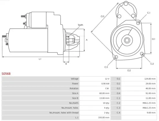 Starter 12 V 0,9 kW AS-PL S0568 Bild Starter 12 V 0,9 kW AS-PL S0568