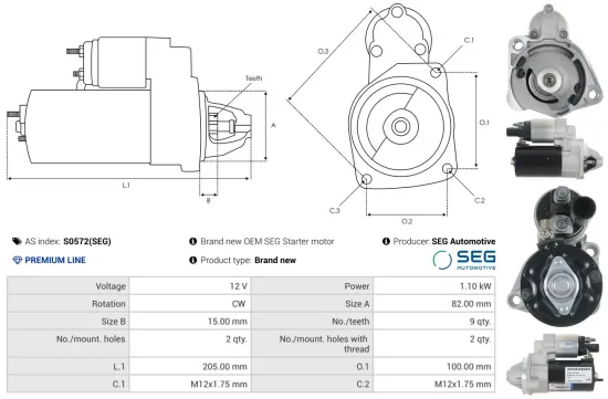 Starter 12 V 1,1 kW AS-PL S0572(SEG) Bild Starter 12 V 1,1 kW AS-PL S0572(SEG)