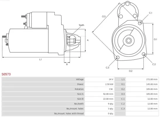 Starter 24 V 2,5 kW AS-PL S0573 Bild Starter 24 V 2,5 kW AS-PL S0573