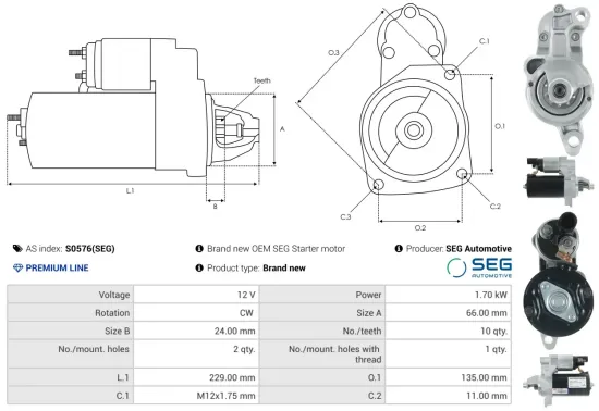 Starter 12 V 1,7 kW AS-PL S0576(SEG) Bild Starter 12 V 1,7 kW AS-PL S0576(SEG)