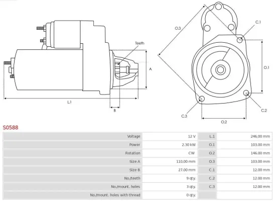 Starter 12 V 2,3 kW AS-PL S0588 Bild Starter 12 V 2,3 kW AS-PL S0588