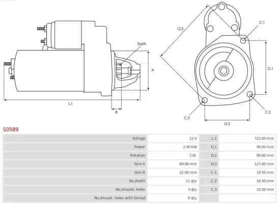 Starter 12 V 2,4 kW AS-PL S0589 Bild Starter 12 V 2,4 kW AS-PL S0589