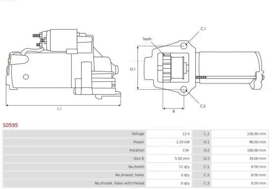 Starter 12 V 2,2 kW AS-PL S0595 Bild Starter 12 V 2,2 kW AS-PL S0595