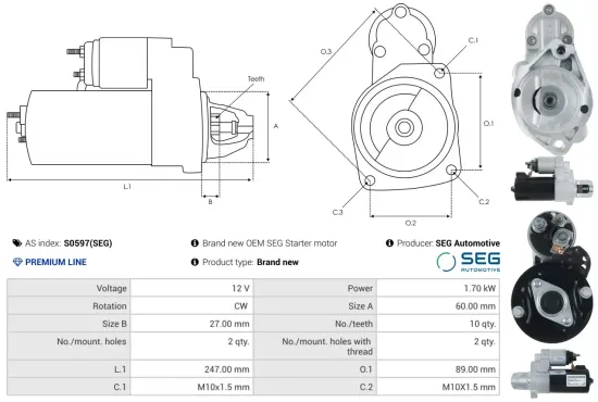 Starter 12 V 1,7 kW AS-PL S0597(SEG) Bild Starter 12 V 1,7 kW AS-PL S0597(SEG)