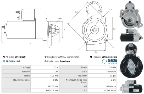 Starter 12 V 2,2 kW AS-PL S0612(SEG) Bild Starter 12 V 2,2 kW AS-PL S0612(SEG)