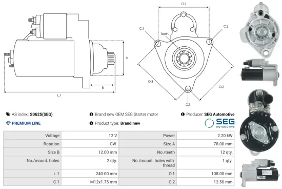 Starter 12 V 2,2 kW AS-PL S0625(SEG) Bild Starter 12 V 2,2 kW AS-PL S0625(SEG)