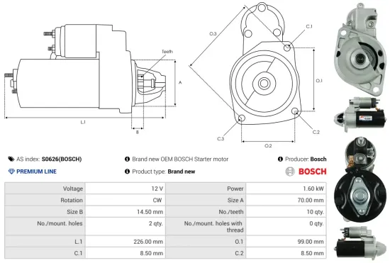 Starter 12 V 1,6 kW AS-PL S0626(BOSCH) Bild Starter 12 V 1,6 kW AS-PL S0626(BOSCH)
