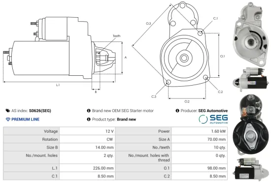 Starter 12 V 1,6 kW AS-PL S0626(SEG) Bild Starter 12 V 1,6 kW AS-PL S0626(SEG)