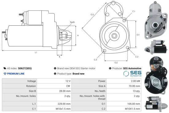 Starter 12 V 2 kW AS-PL S0627(SEG) Bild Starter 12 V 2 kW AS-PL S0627(SEG)