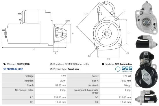 Starter 12 V 1,7 kW AS-PL S0639(SEG) Bild Starter 12 V 1,7 kW AS-PL S0639(SEG)