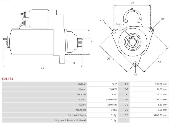 Starter 12 V 1,1 kW AS-PL S0647S Bild Starter 12 V 1,1 kW AS-PL S0647S