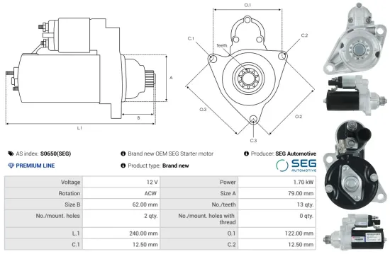 Starter 12 V 1,7 kW AS-PL S0650(SEG) Bild Starter 12 V 1,7 kW AS-PL S0650(SEG)