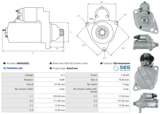Starter 12 V 1,4 kW AS-PL S0655(SEG) Bild Starter 12 V 1,4 kW AS-PL S0655(SEG)