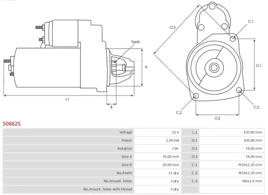 Starter 12 V 2,2 kW AS-PL S0662S Bild Starter 12 V 2,2 kW AS-PL S0662S